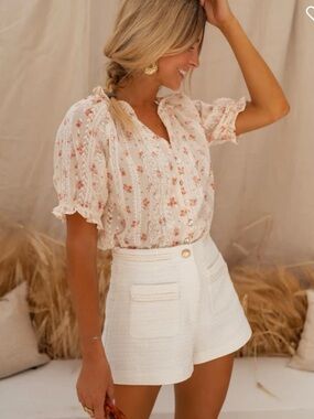 Easy Clothes Floral Lace Button-Front Blouse - Cream w Pink Floral Size Small